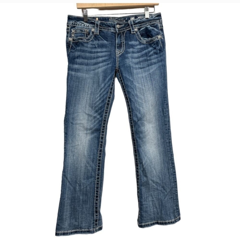 Miss Me Embeleshed Cross Pocket Blue Jeans- 31 Signature Boot
